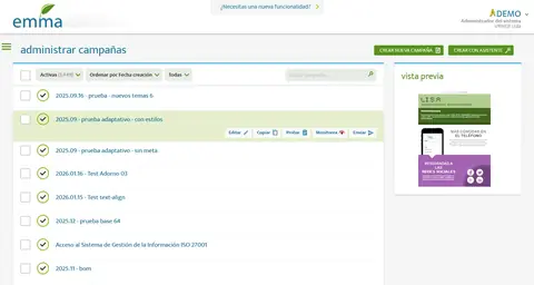 Listado de campañas de email.
