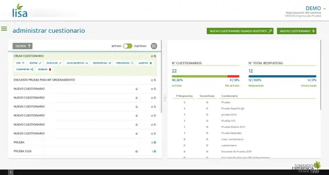 Vista de gestión de cuestionarios.
